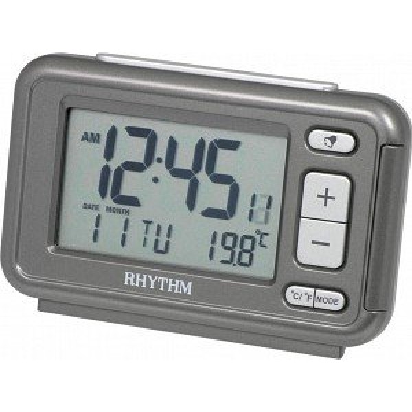 Rhythm LCD Table Clock Beep Alarm,Calendar,Thermometer,Hygrometer,12-24 Hour Selectable Metallic Gray Case